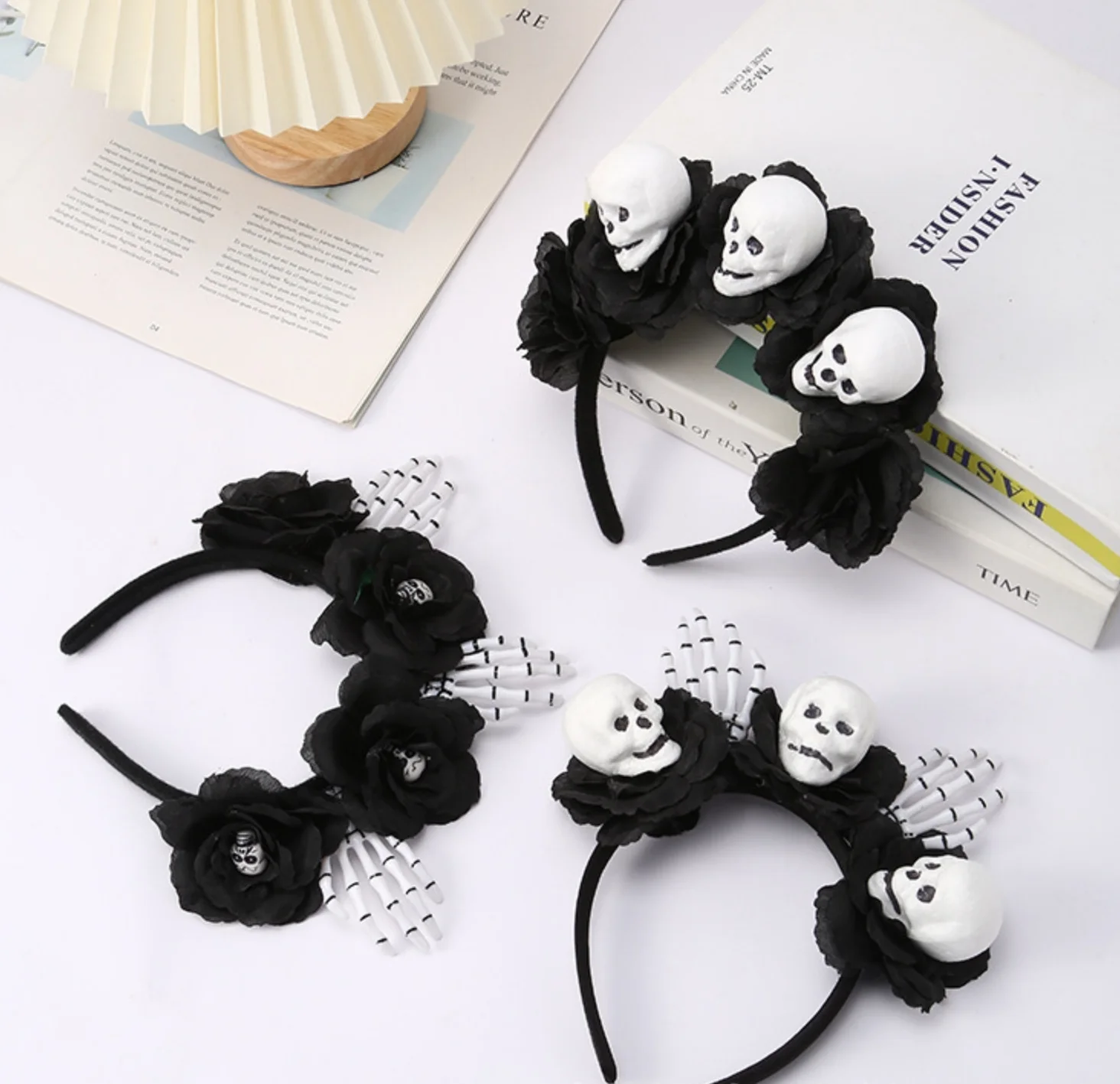

1PC Halloween Skull Headbands Set, Black Rose & Skeleton Hand Design, Spooky Festive Hair Accessories