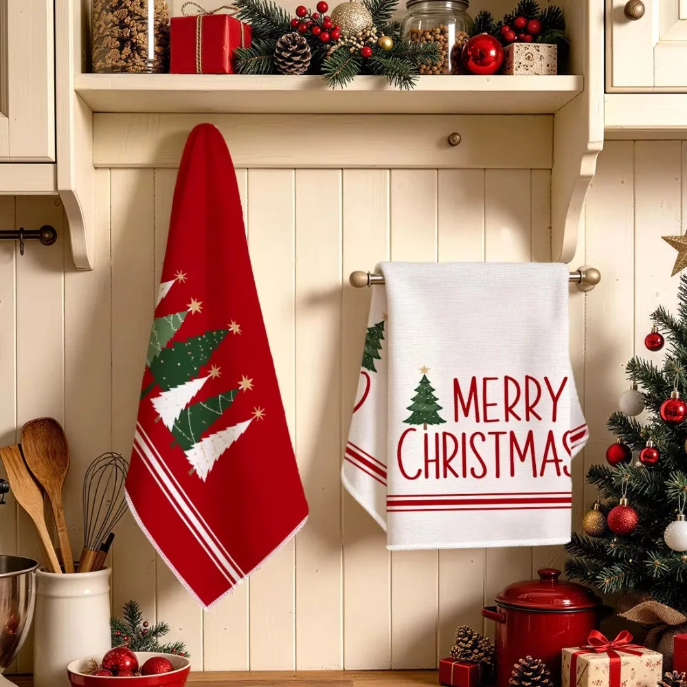 2PCS Star Christmas Tree Pattern Merry Christmas Kitchen Towel Fade-resistant Washable Dish Washing Cloth Rectangular