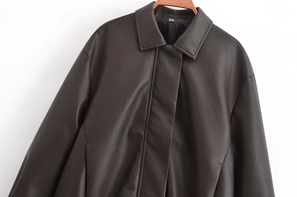 Tidalyf 2025 سترة نسائية جلدية منفوخة بياقة على شكل طية صدر وأكمام طويلة وسحاب أمامي وجيب مخفي بحاشية مرنة ملابس خارجية أنيقة غير رسمية #2