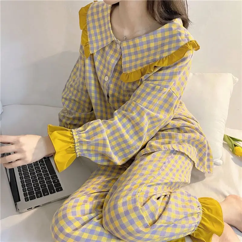 Plaid Sleepwear Women Pajama Sets Korean Piiama Ruffles Night Wears Autumn Pants Sets 2 Pieces Button Long Sleeve Home Suit New