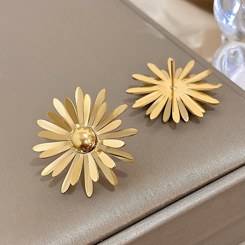 Flashbuy Trendy Daisy Stainless Steel Stud Earrings For Women New Statement Earrings INS Jewelry