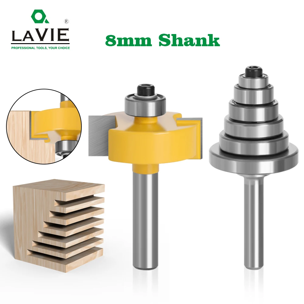 LAVIE 8mm Shank Rebate Router Bit Set With 6 Bearings Adjustable 1/2