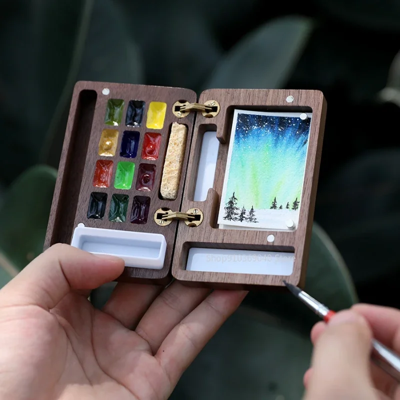 Portable 12Colors Watercolor Palette Set with Brush Walnut Magnetic Paints Box Travel Painting Sketching Paint Tray Art Supplies