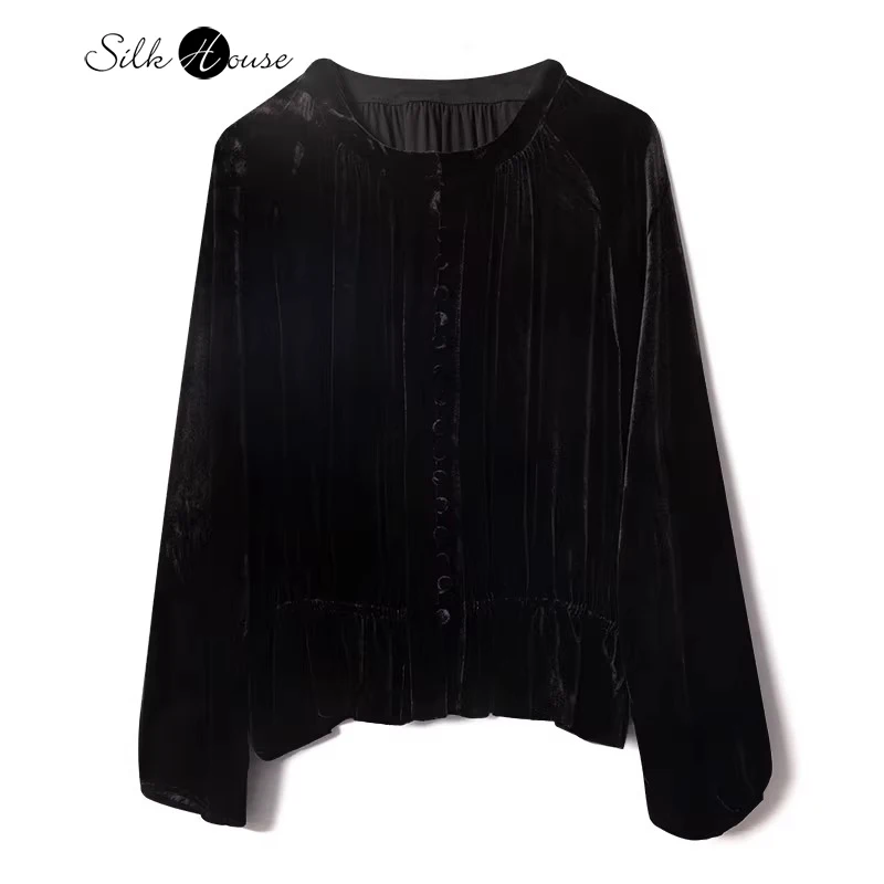 

2024 Women's Fashion Autumn New Retro Round Neck Single Row Buckle 30% Natural Mulberry Silk Velvet Black Long Sleeve Shirt