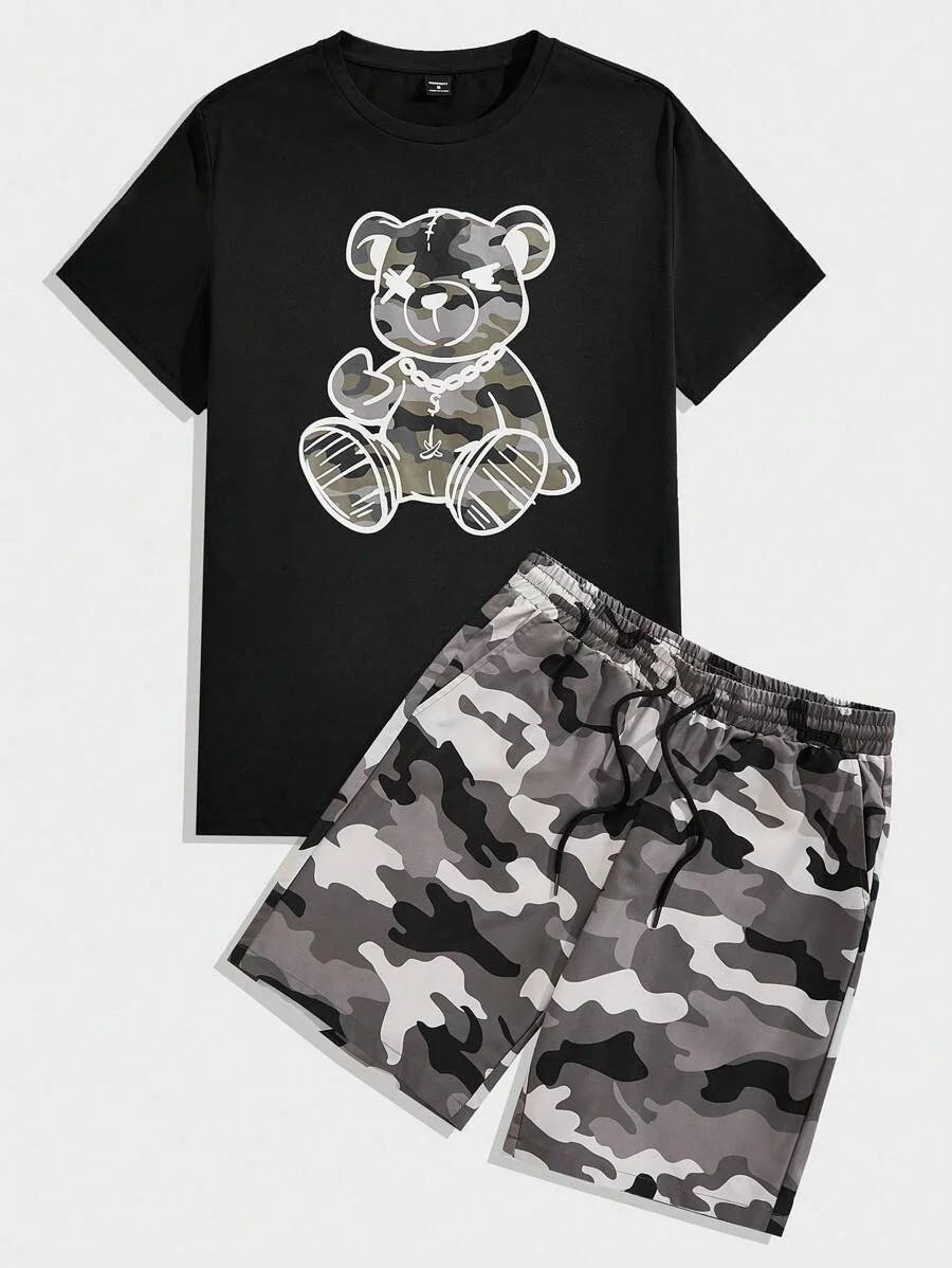 Men's quick drying summer T-shirt fashion camouflage teddy bear print short sleeved top men's loose drawstring pocket shorts