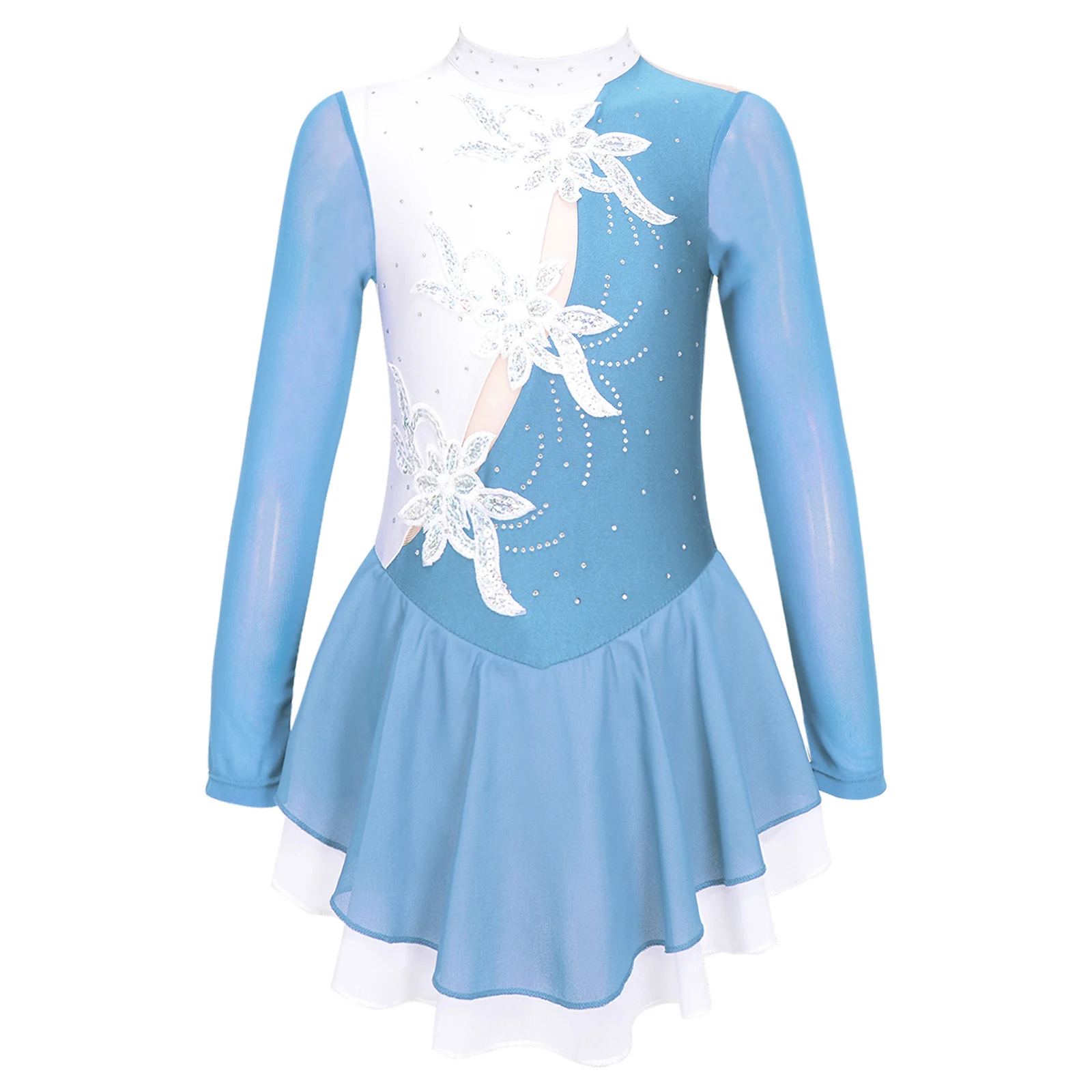 

Kids Girls Long Sleeve Shiny Rhinestone Ballet Dance Figure Ice Skating Dress Sequins Floral Irregular Hem Dance Lyrical Dress