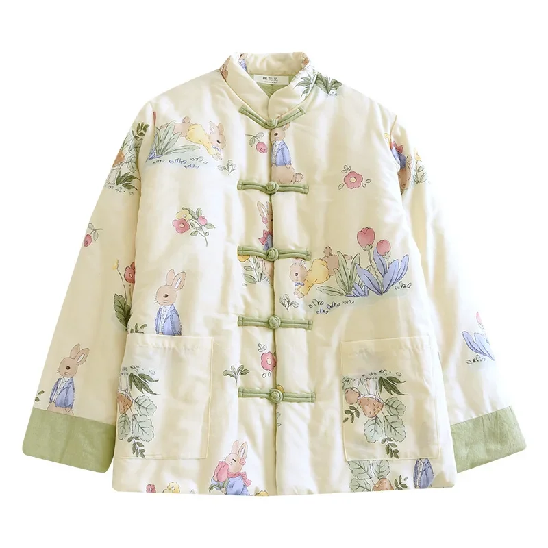 여성을위한 두꺼운 수제 코튼 자켓 겨울 따뜻한 겉옷 중국 스타일 버튼 업 탑 긴 소매 일반 유형