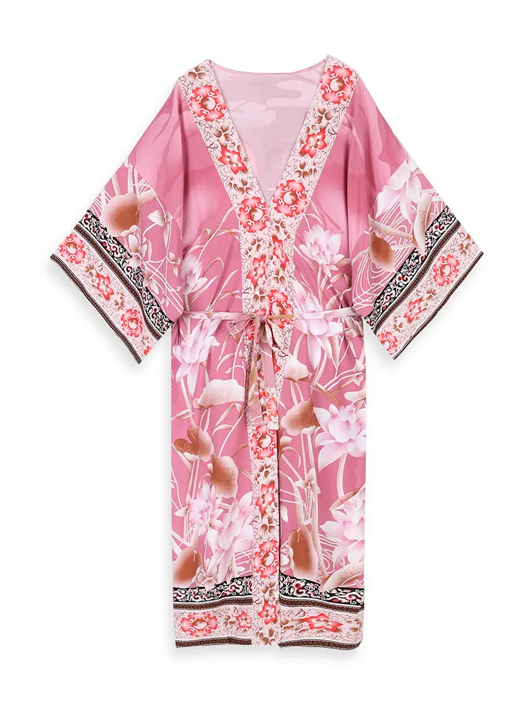 Letnia narzutka plażowa kolorowy nadruk Boho Plus Size w stylu Kimono House Dress 2024 kobiet osłona do Bikini wakacyjny