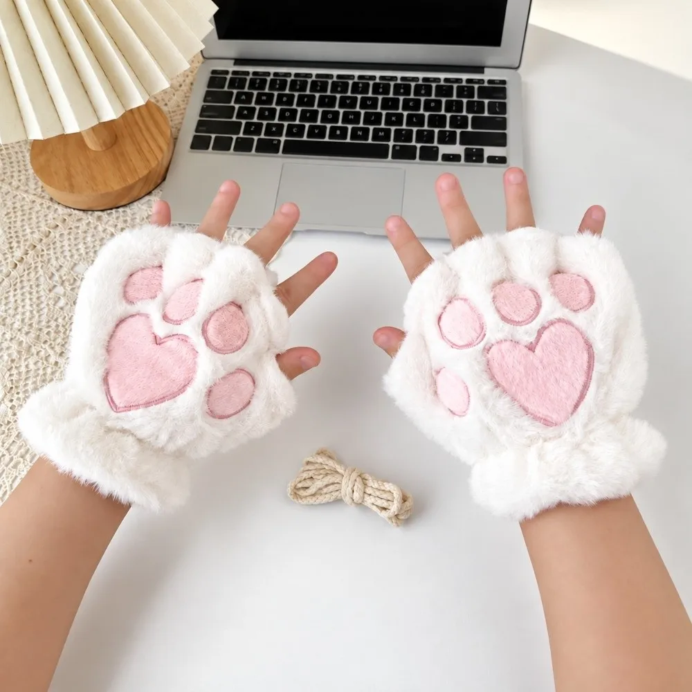 Cute Polyester Fuzzy Half Finger Gloves Thick Cold Proof Warm Winter Gloves One Size Bear Paw Gloves Indoor Use