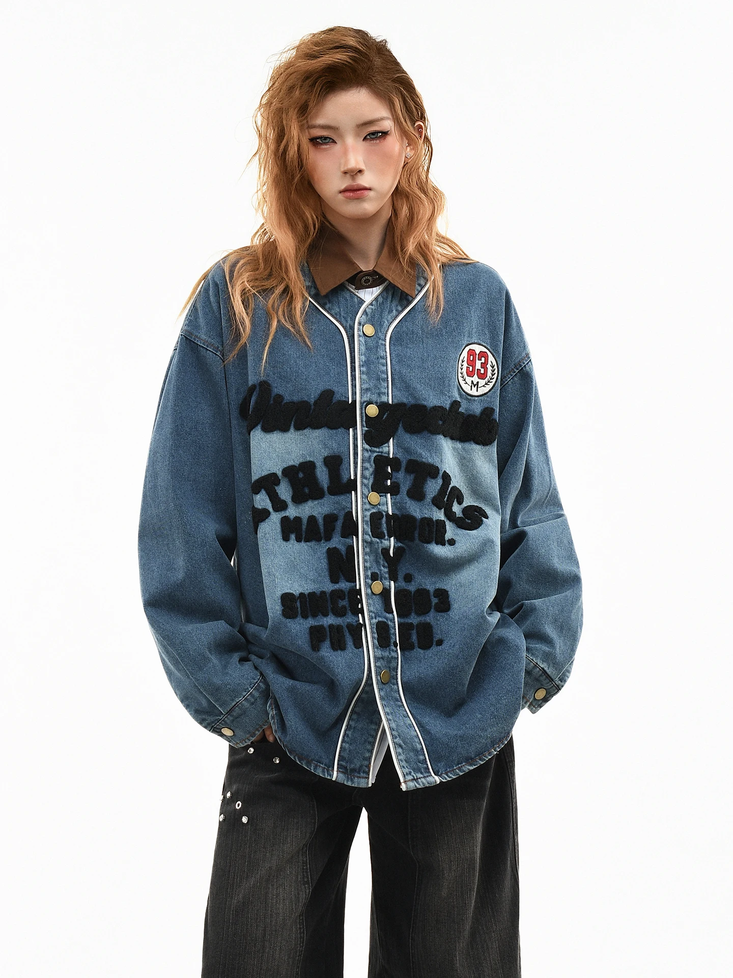 

OV Original American Letter Embroidery Waed Denim Jaet ex Spring Vintage Loose V-ne Casual Long Sve Coat