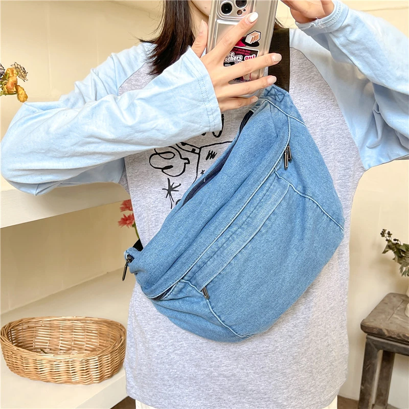 retro Denim Women Waist Bag College Style Chest Pack Casual Fanny Pack Large Capacity Unisex Shoulder Crossbody Bag and Belt Bag