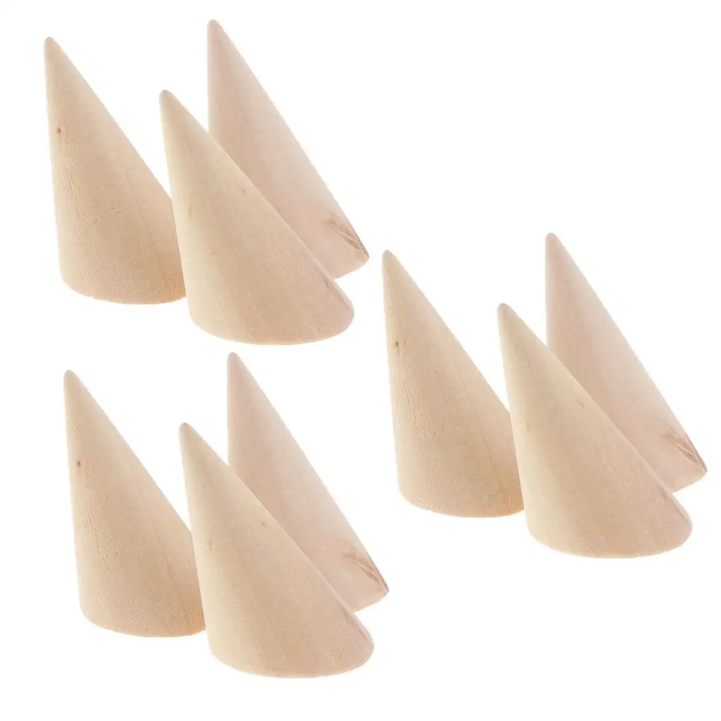 Unpainted Natural Cone Madeira Jóias Display Rack, Jóias Titular, 9pcs