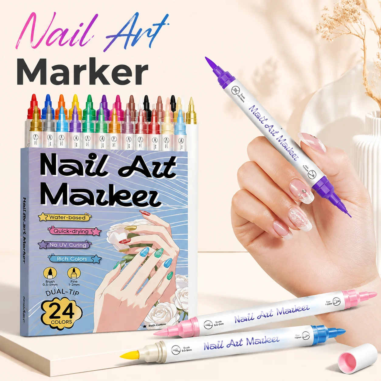 12/24 Colors Dual Tip Nail Art Marker Pen Acrylic Fine Tip Graffiti Drawing Painting Polish Pen Set No Lamp
