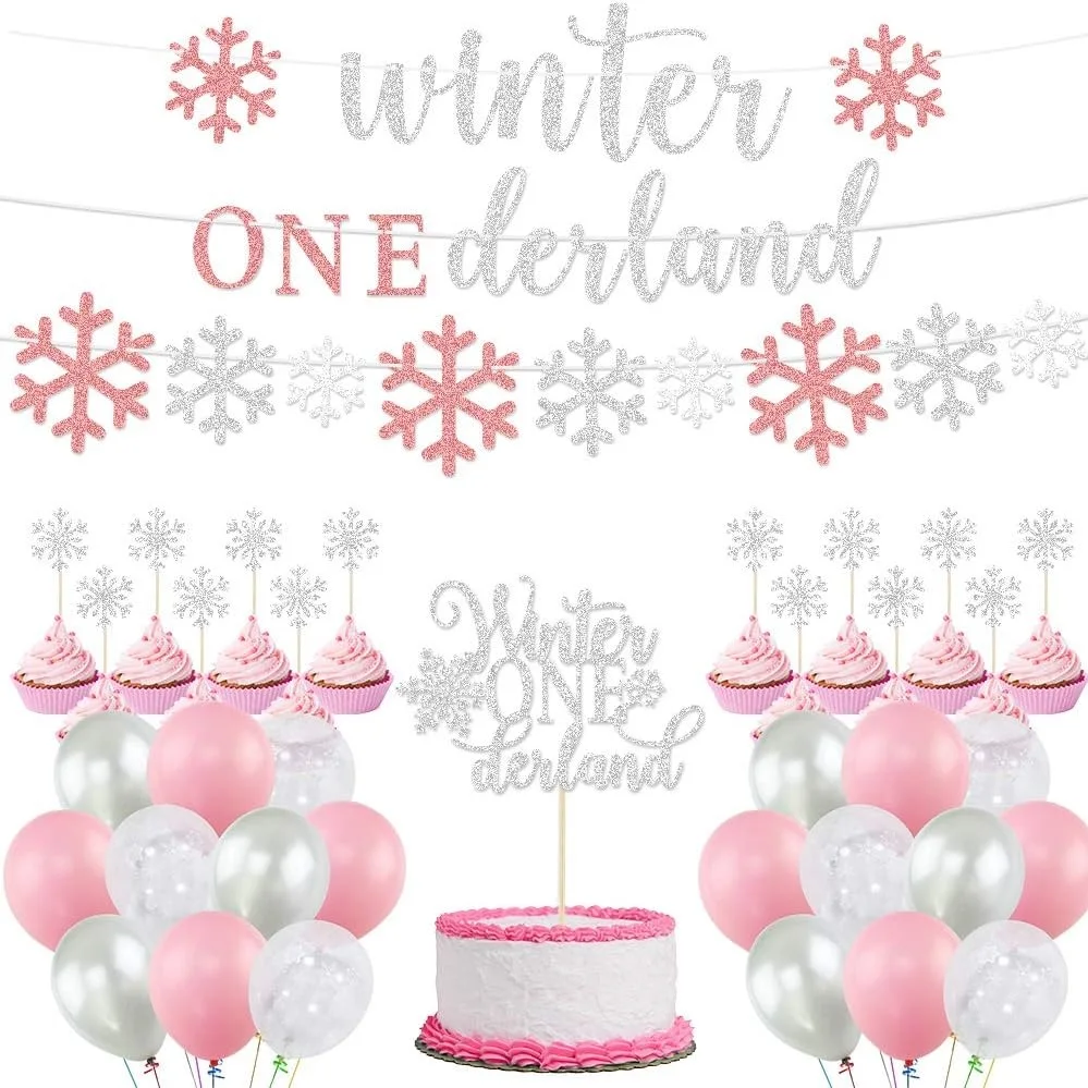 Snowflake Balloons Garland for Girls, Pink, Silver, 1st Winter, 1st Birthday Party, Baby Shower Decor, Winter Wonderland