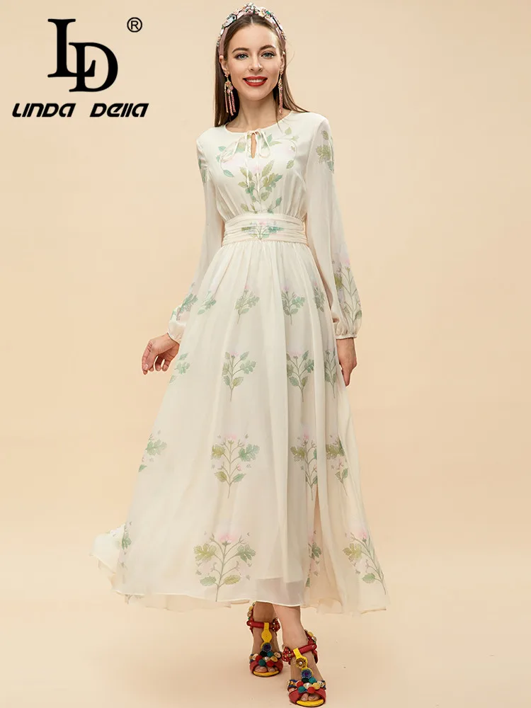 Imagem -02 - Linda Della 2023 Primavera Pista Moda Vestido de Férias para Mulheres Manga Longa Cintura Alta Flor Impressão Elegante Festa Midi Vestido ld