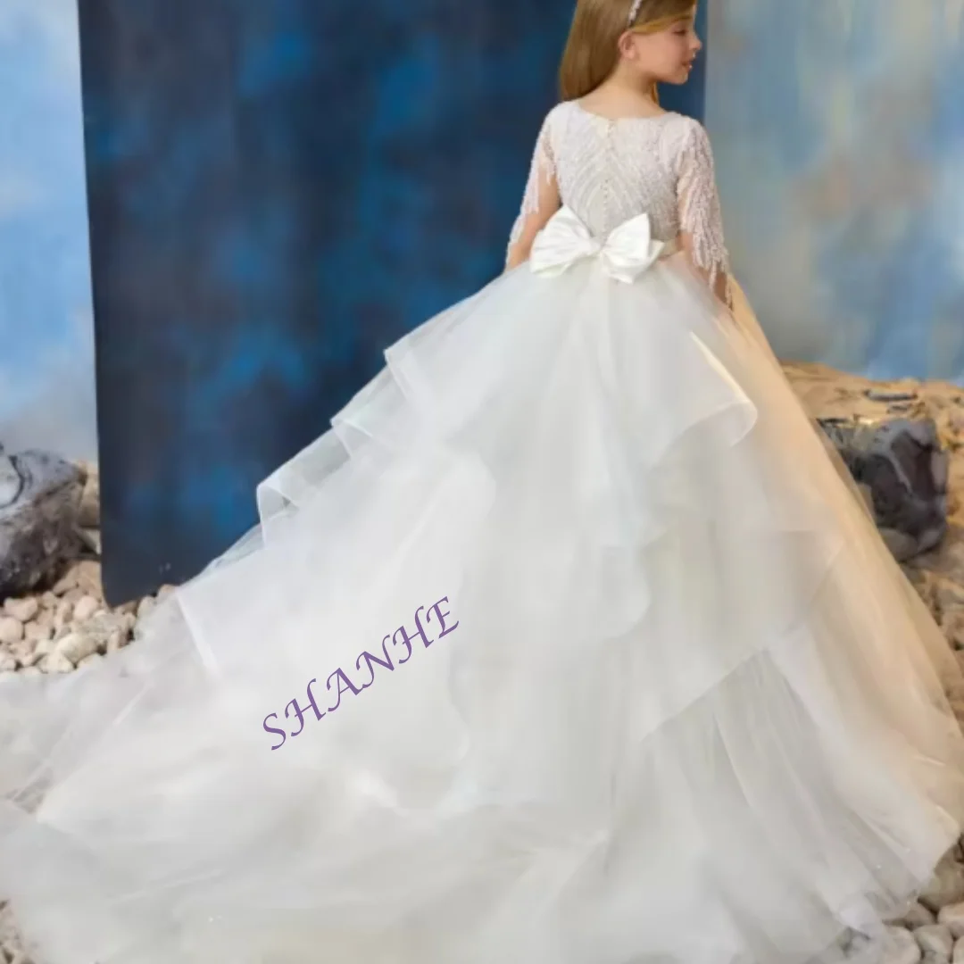 فساتين فتاة الزهور العاجية المخصصة لحفلات الزفاف بفيونكة مطرزة مخصصة بأكمام طويلة فساتين التواصل الأول للأطفال