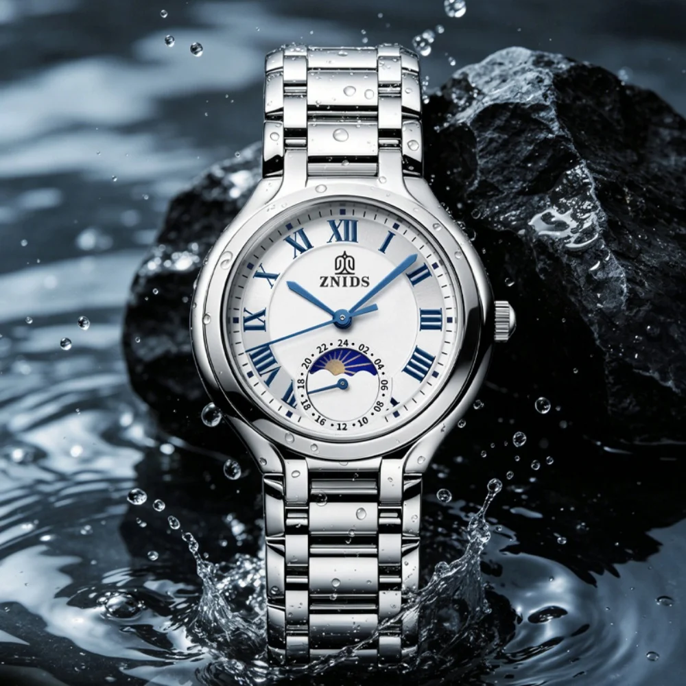 Women's Quartz Watch, Light Luxury Roman Numeral Moon Phase Wristwatch, Waterproof Steel Band Business Commuter Watch for Women, Gift for Girlfriend, Niche High-End Versatile Fashion Watch, Stylish and Simple Elegant Women's Wristwatch, Precise Timekeeping, Durable Waterproof Quartz Watch