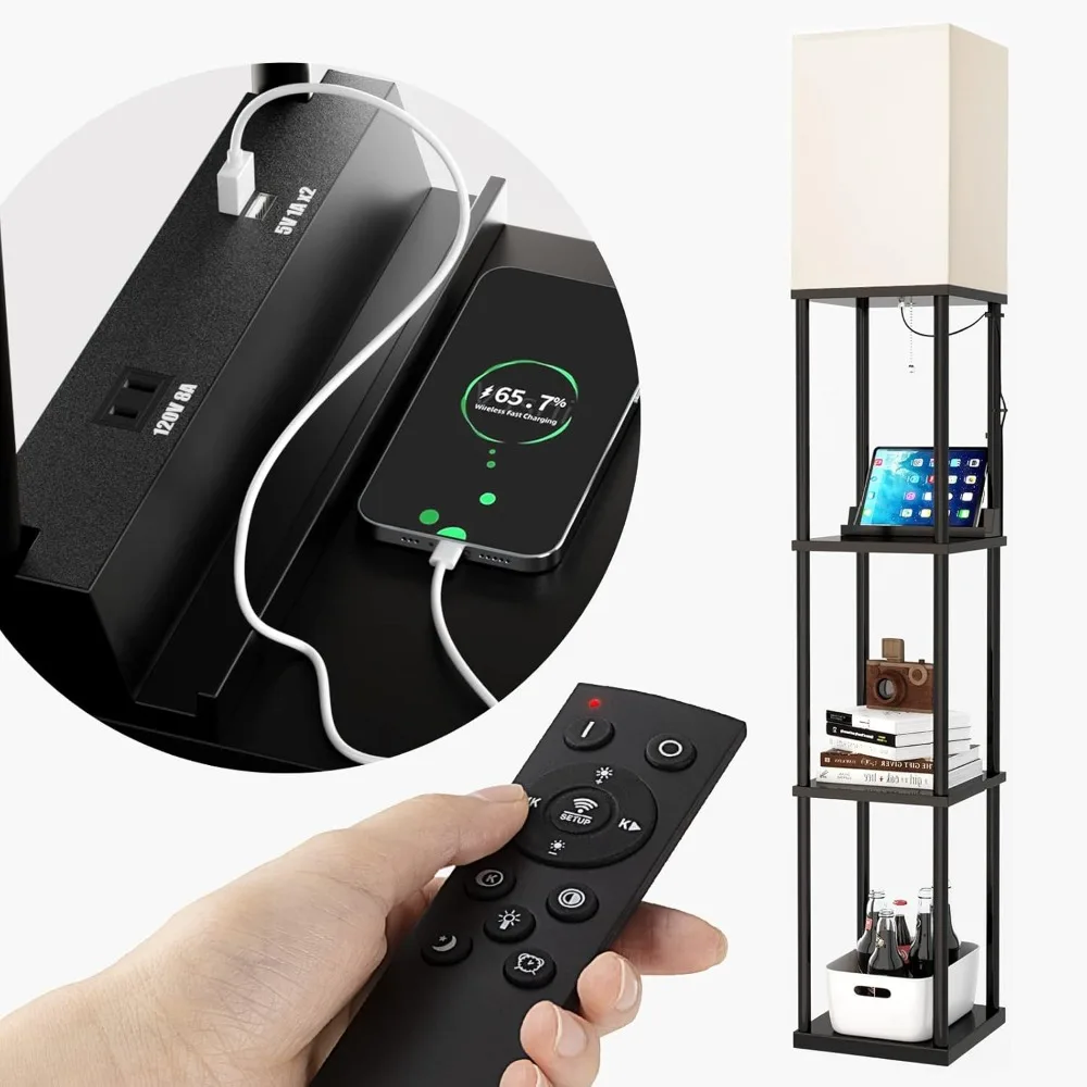 

Торшер с дистанционным управлением и 2 USB-портами, розеткой, 3-цветной светильник для гостиной, спальни, офиса - черный