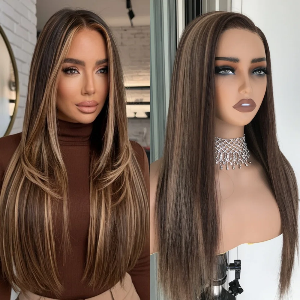 Brown Mix Blonde Highlight Long Straight Wear and Go Glueless Synthetic Lace Wigs Side Part  22inch Daily Use