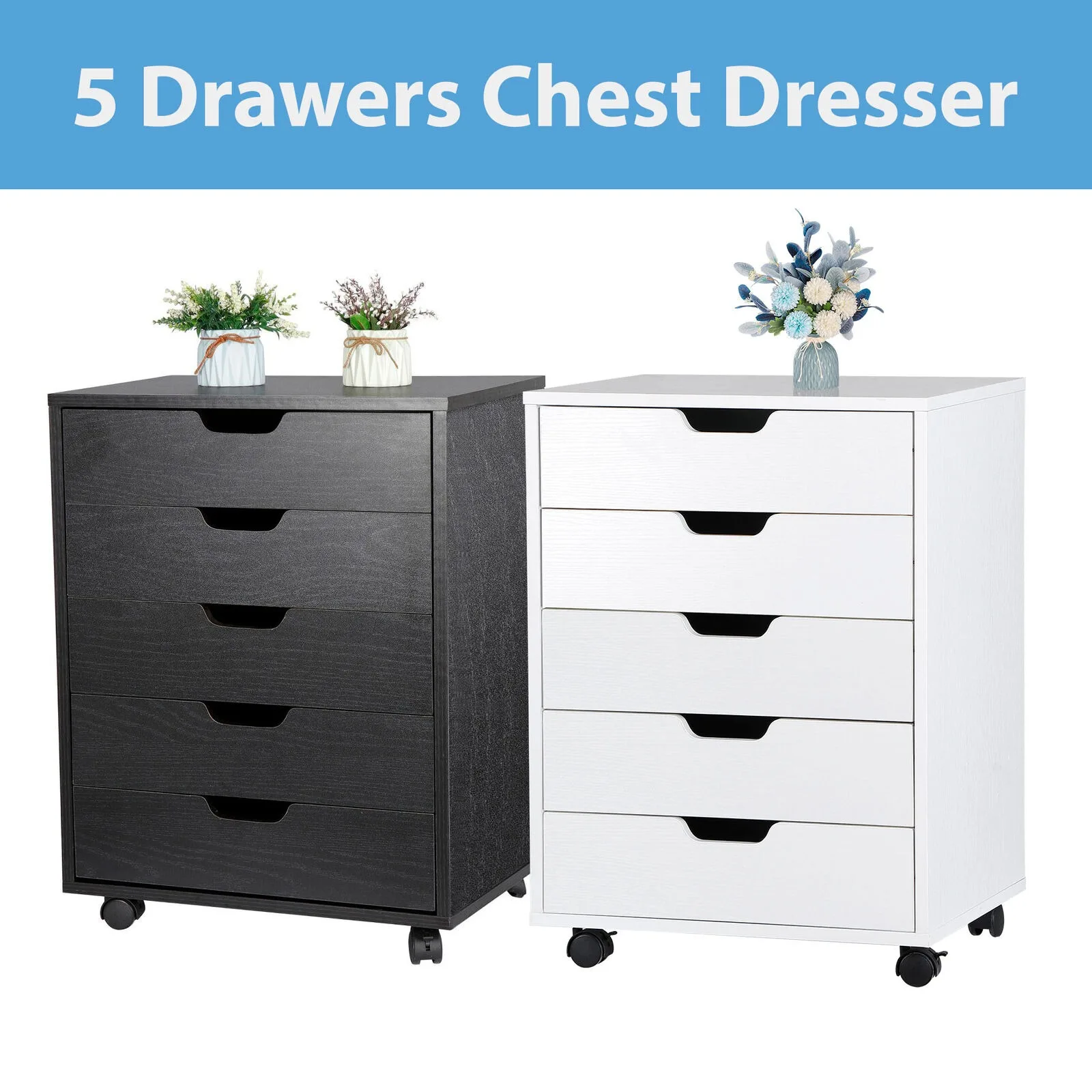 

US 5 Drawers Chest Wooden Dresser Storage File Cabinet for Bedroom w/Wheels 2 Color