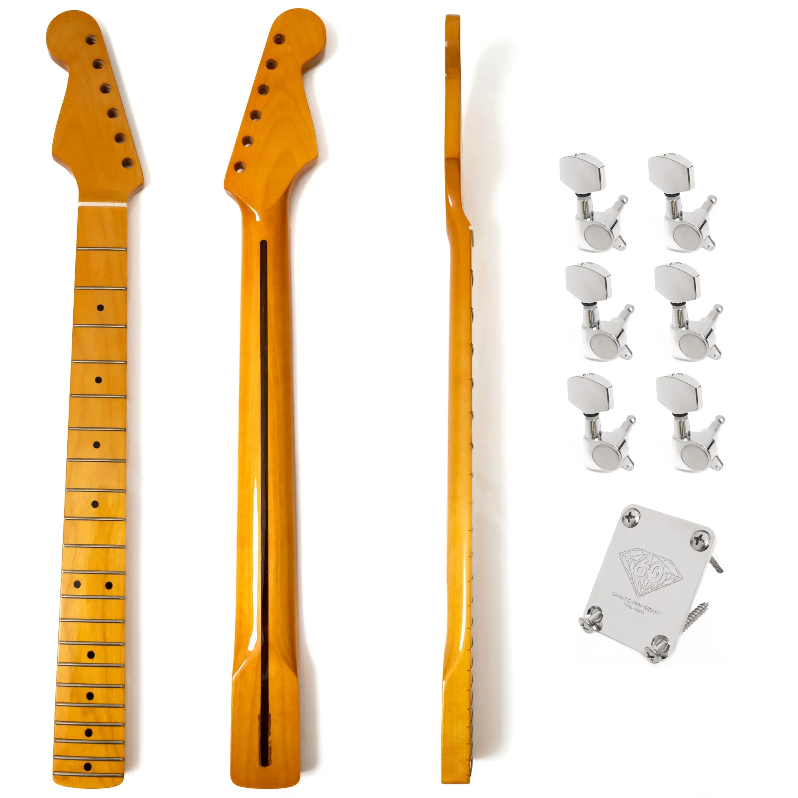

Maple Guitar Neck 21 Frets 14" Radius Gloss Yellow, Reverse Headstock for ST Style Electric Guitar Replacement Parts