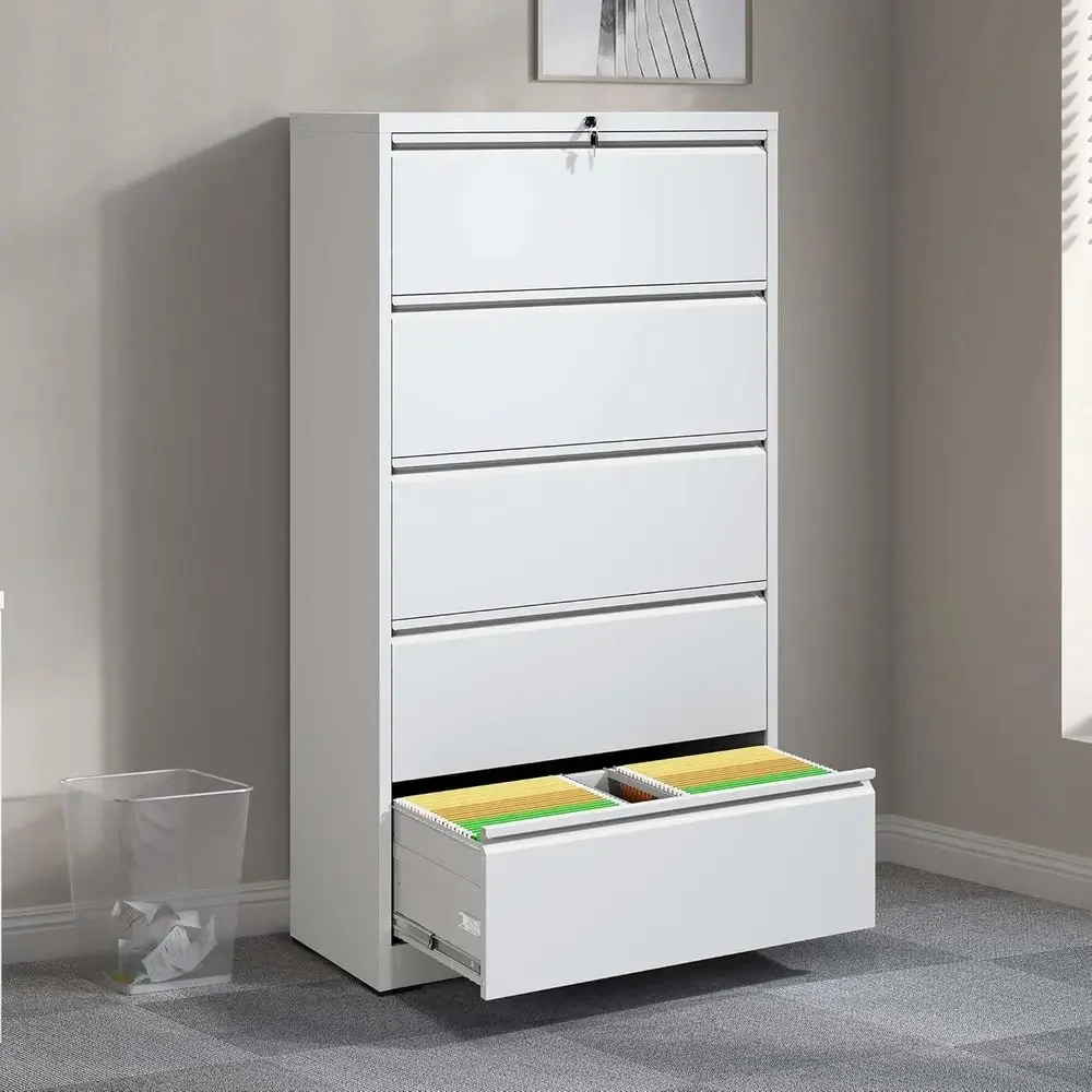 Lockable Tall 5 Drawer Steel Filing Cabinet for Office or Home Use (White)