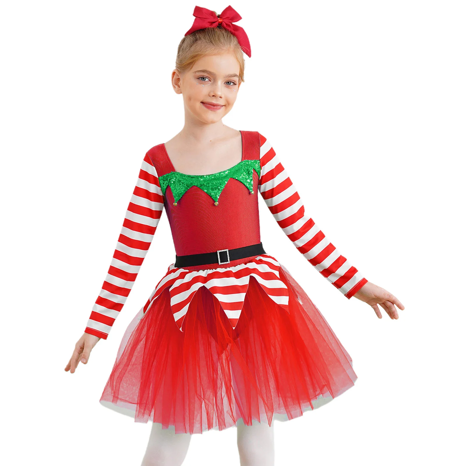 Kids Girls Christmas Elf Costume Long Sleeve Stripes Tutu Dress Ballet Dance Gymnastics Leotard Carnival Party Cosplay Dress Up