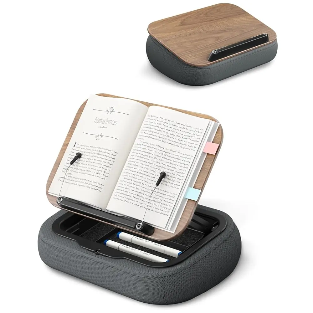 

Подставка для подушки с отсеком для хранения, регулируемая подушка-мешок для чтения с панелью из темного дерева, многоугольный держатель для книг для рук