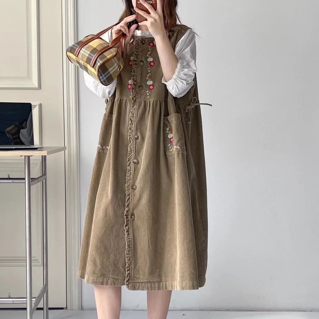 Robe japonaise Mori Girl Vintage brodée florale, gilet en velours côtelé, bretelles, col rond, sans manches, simple boutonnage, débardeur, automne