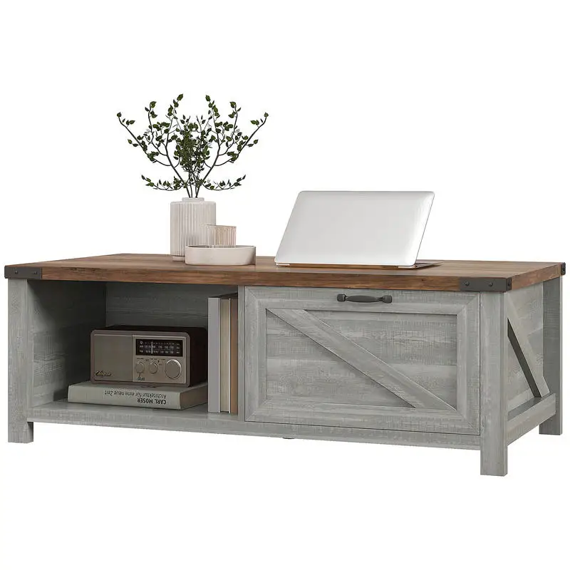 

Coffee Table with Storage, Farmhouse Living Room Table with Storage Drawer and Open Shelf, Distressed Gray
