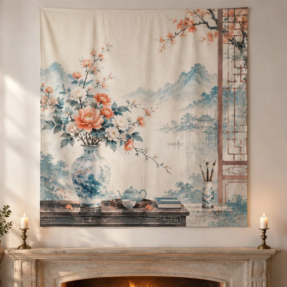 VIKAMA Chinese Scholar Objects Clustered Groups Tapestry Wall Hanging, Oriental Wall Decor Tapestries for Living Room Bedroom