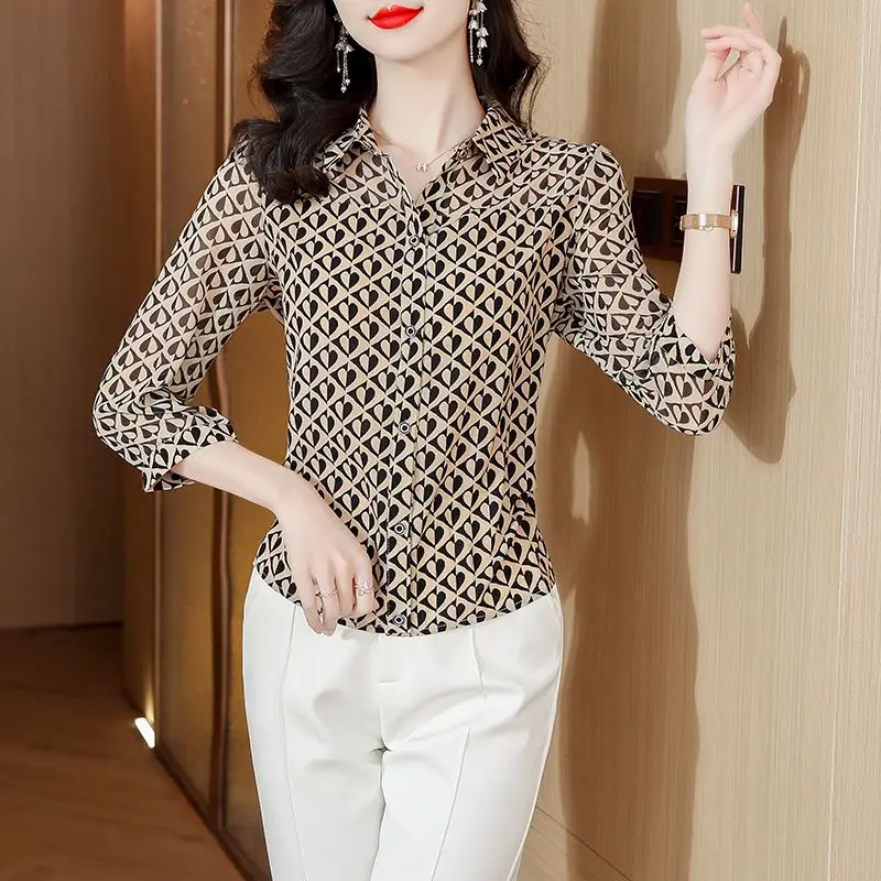 2023 Spring Summer Temperament Women\'s Clothing Polo-Neck Printing Pullover Blouse Chiffon Loose Three Quarter Button Shirt