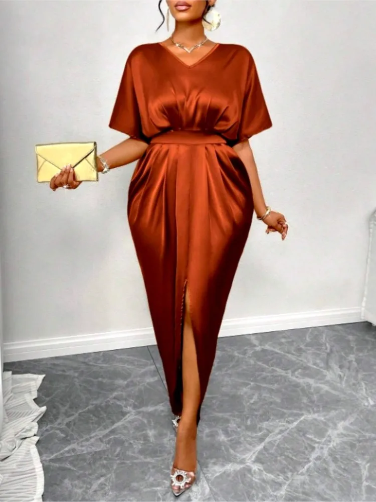 Summer Women's Dress Solid Satin Sexy Long Dress V-neck Short Sleeve Slim Dress Casual Party Dress Vestidos One Step Split Dress