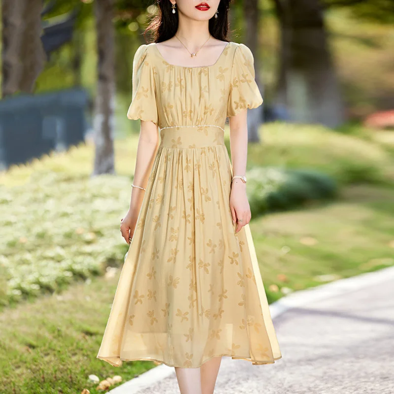 

2024 Summer Graceful and Fashionable Elegant Waist Beaded Fashion Printed Mid-Length Square Collar Dress As9019