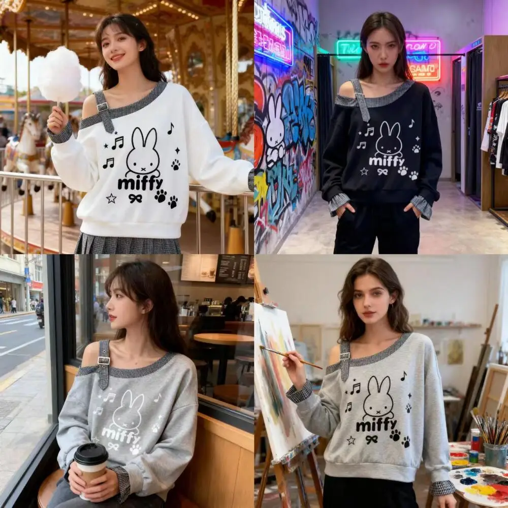 

Женская футболка Miffy с открытыми плечами и длинными рукавами весной и осенью, облегающая белая и универсальная короткая футболка с нижним слоем