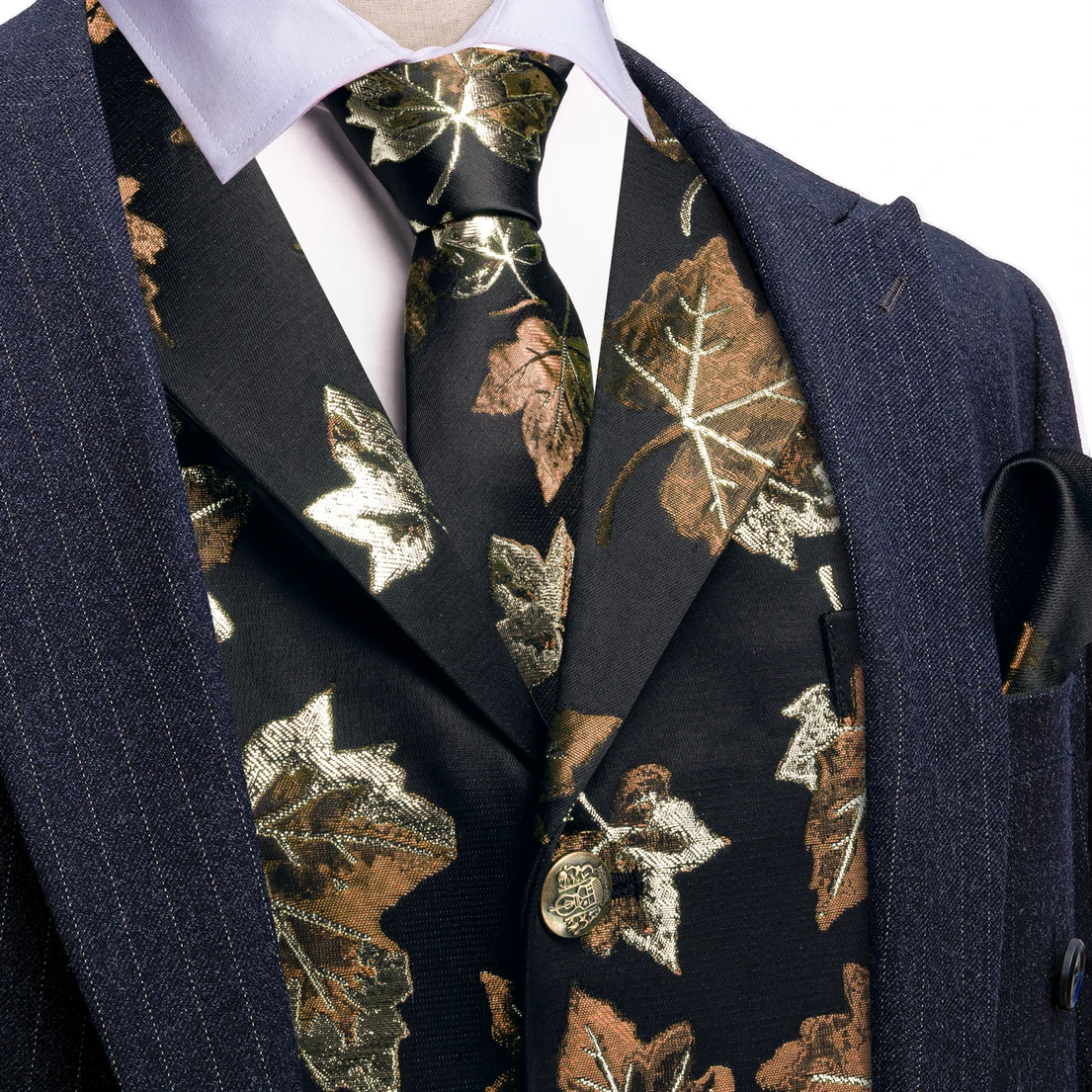 3pcs Vintage Jacquard Waistcoat Tie Set Shiny Gold Lurex Maple Leaf Notch Collar Formal Dress Vest for Wedding Party Banquet