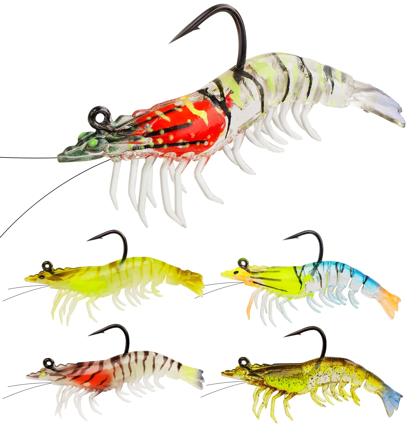 

5pcs Luminous Shrimp Lures Swimbait 8.79g Soft Plastic Baits With Pre-Rigged Head Artificial Lure Hook For Bass Crappie