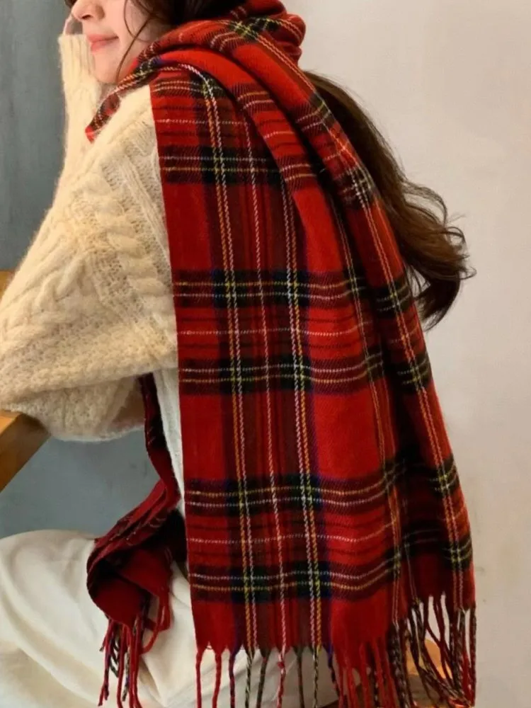 

Винтажный красный клетчатый вязаный шарф с кисточками, женский зимний/осенний теплый длинный размер унисекс, американские повседневные универсальные шарфы в консервативном стиле