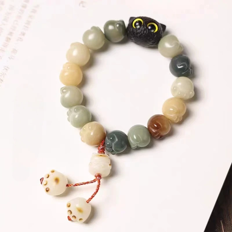 

Bracelet Natural Material Bodhi Seed Cute Cat Claw Shape White Jade Greenery Leather Ebony Crafts Handmade Chinese Retro GiftBox