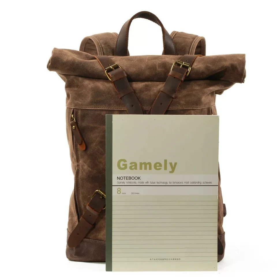 Waxed Canvas Rolltop Backpacks Large Capacity Men Laptop Leather College Travel Vintage Weekend Waterproof Anti-theft Rucksack