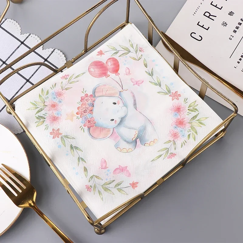 20pcs/pac 2-Ply Party Tissue Paper Color Napkins Printed Pure Wood Pulp Cartoon Cute Little Elephant Food Grade Paper Towel