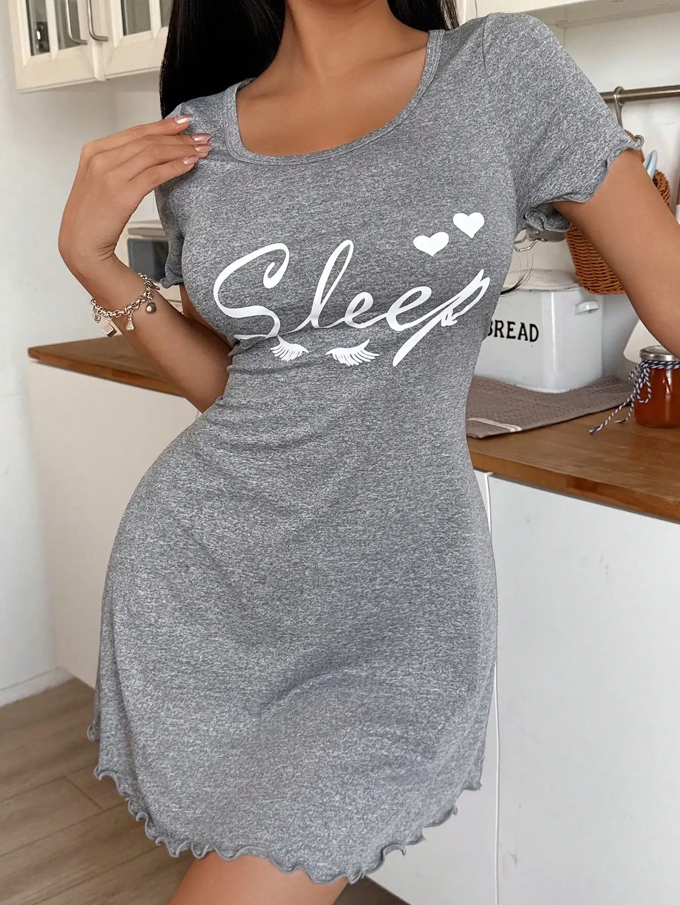 Women Casual Sleep Dress With Letter Print Short Sleeve Summer