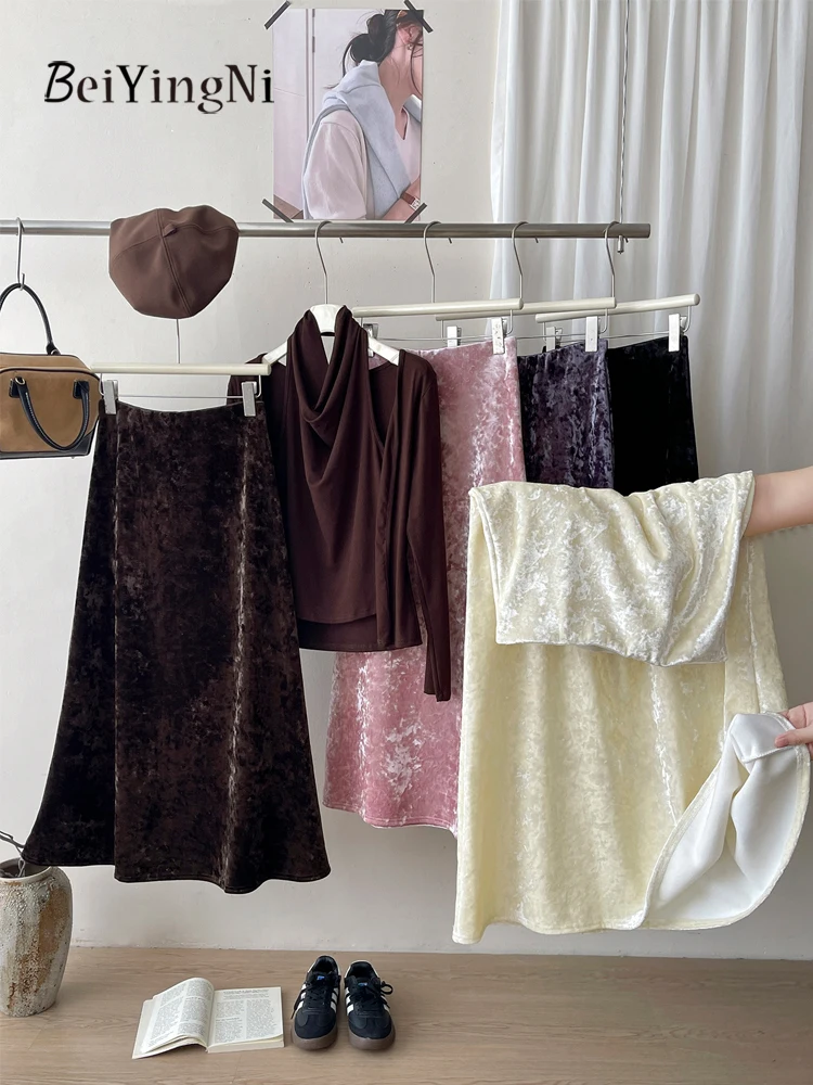 

Beiyingni 2025 Korean Thick Velvet Skirt Women Solid Color Autumn Winter Mermaid Skirts Female Warm Soft Casual French Faldas