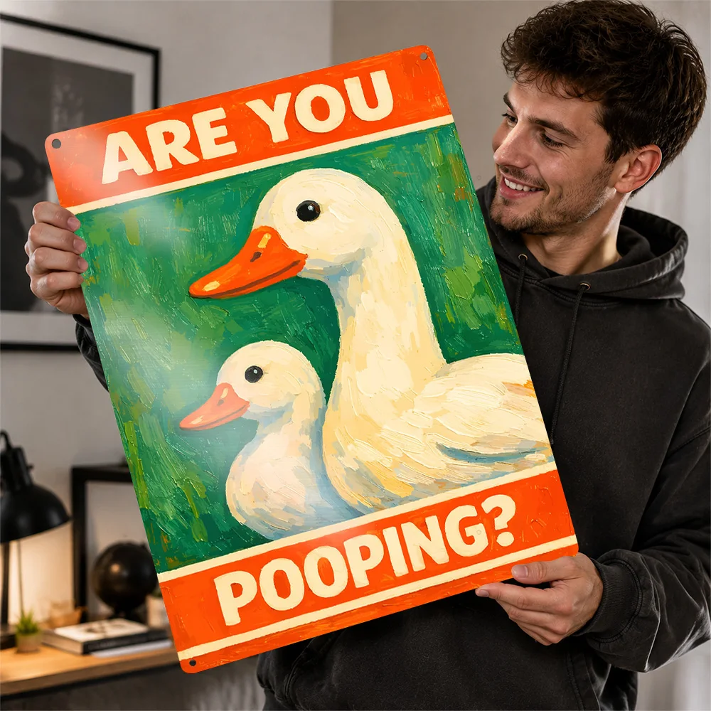 Two Ducks Are You Pooping Printed Poster Vintage Cartoon Wall Art For Guest Bathroom Customized Aluminum Metal Sign Host Gift