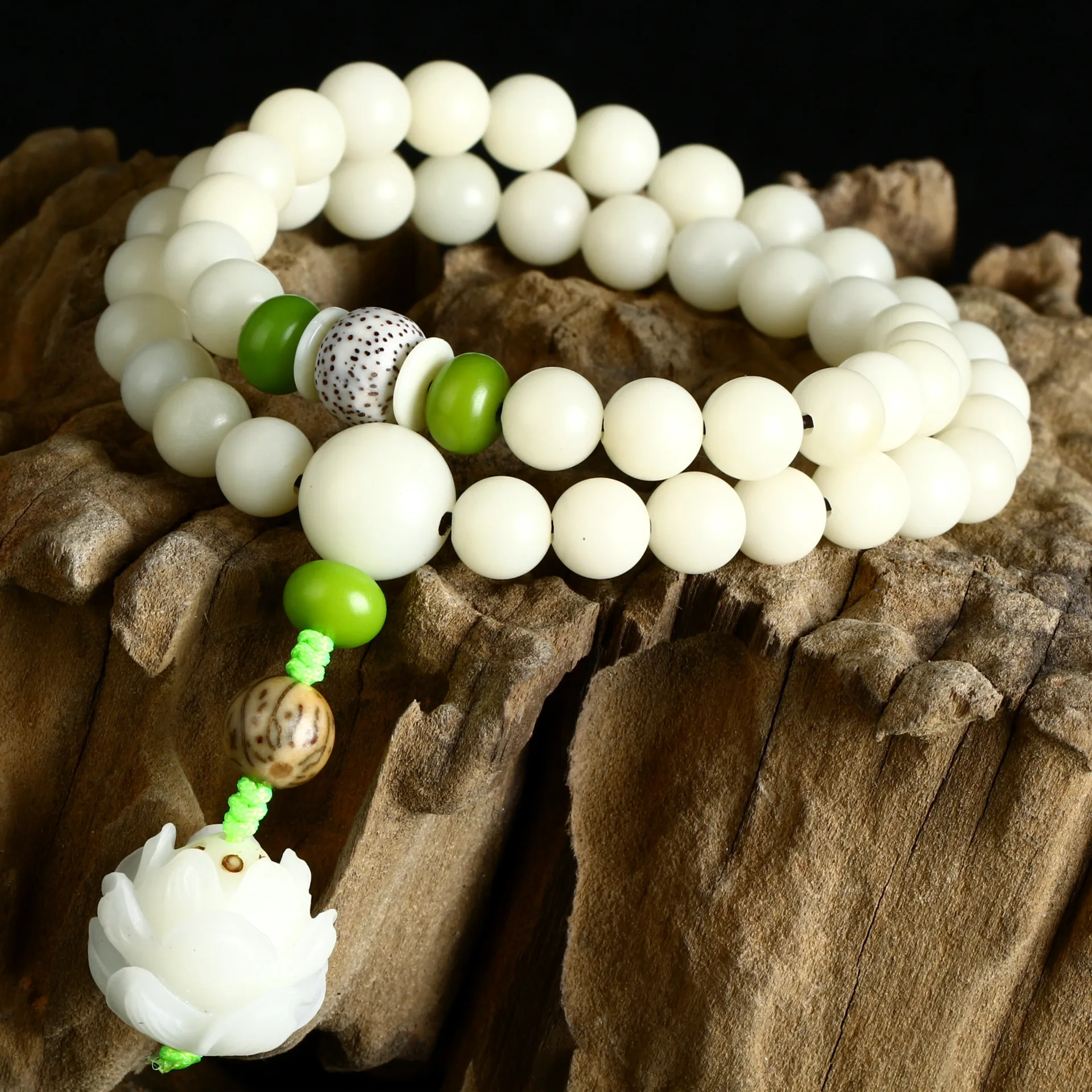 

White jade Bodhi root 108 Bracelet 8mm Buddha bead necklace green root golden thread lotus pendant women's stationery Bracelet