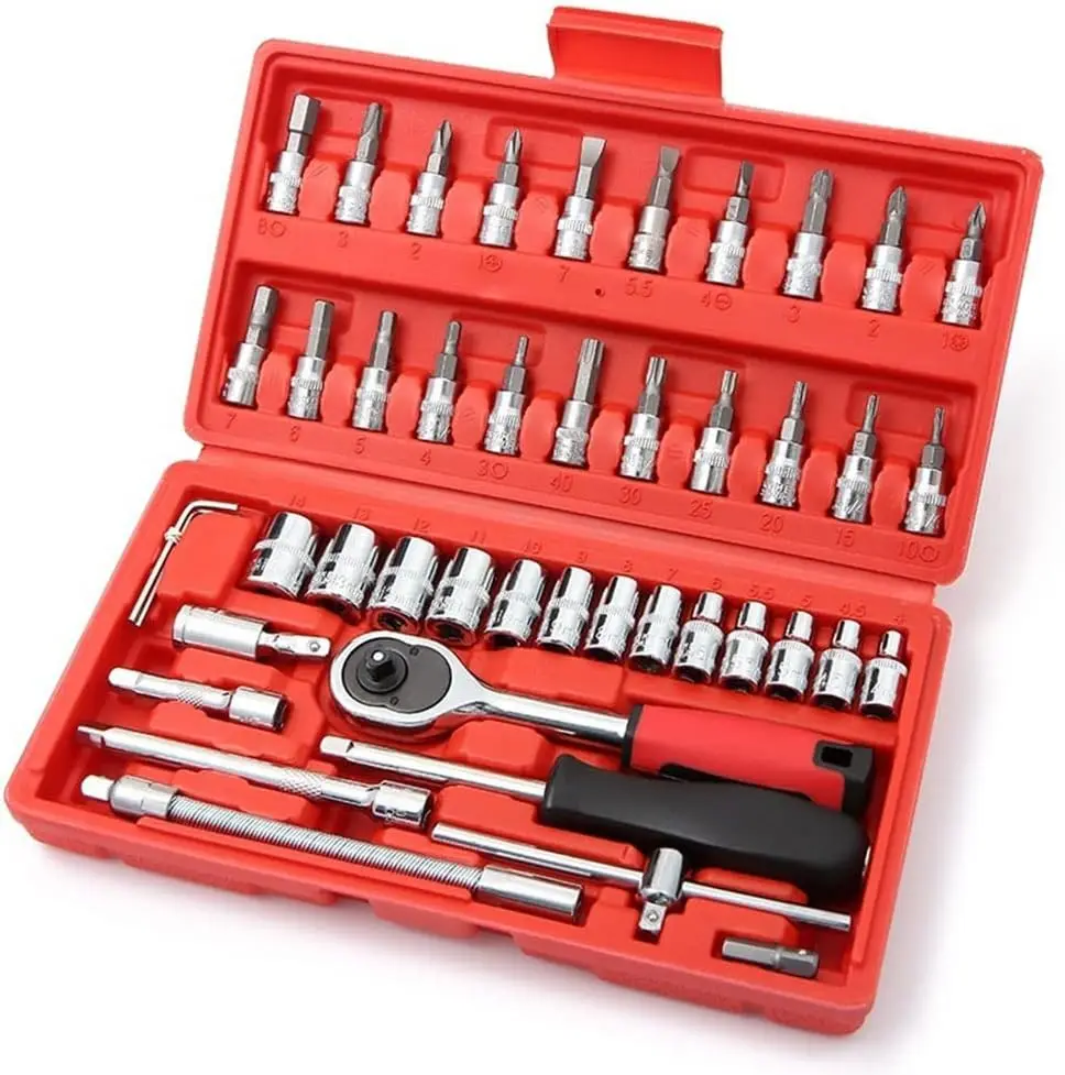 46 Pcs Socket Ratchet Wrench Set ,1/4” Drive Deep And Standard Sockets,Ratchet Wrench Set, Mechanic Tool Kits For Auto Repair