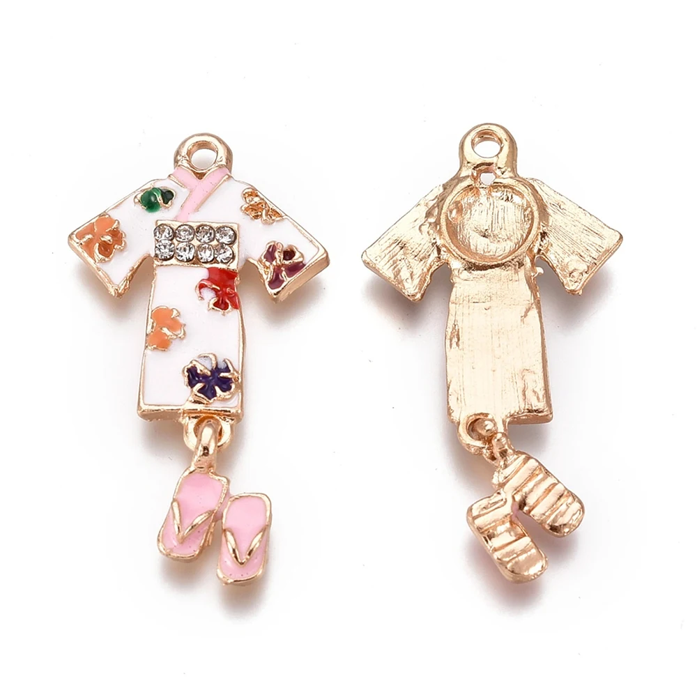 10pcs Enamel Kimono Charms with Sandal Alloy Rhinestone Japanese Style Clothes Pendant for DIY Bracelet Necklace Jewelry Making