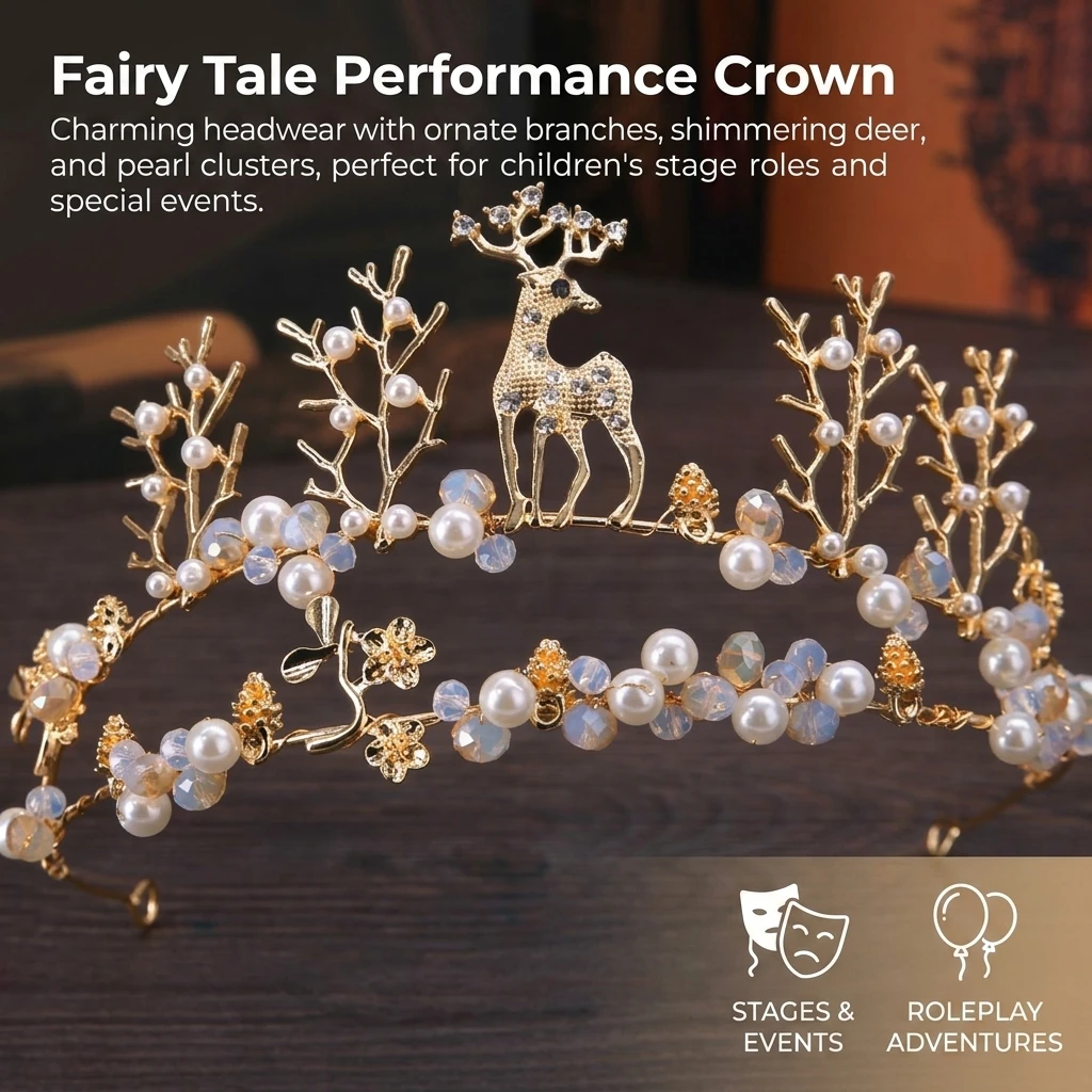 Princess Crown Elegant Birthday Party for Girls Beads Deer Headband Flower Hair Accessories Kids Performance Hairbands Ornaments