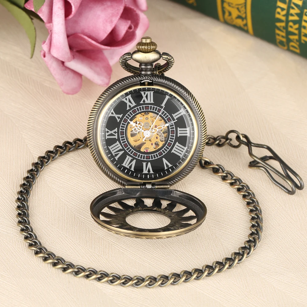 Retro Bronze Manual Mechanical Pocket Watch Man Gift Hollow Sun Metal Fob Chain Pendant Pocket Timepiece Roman Numerals Dial