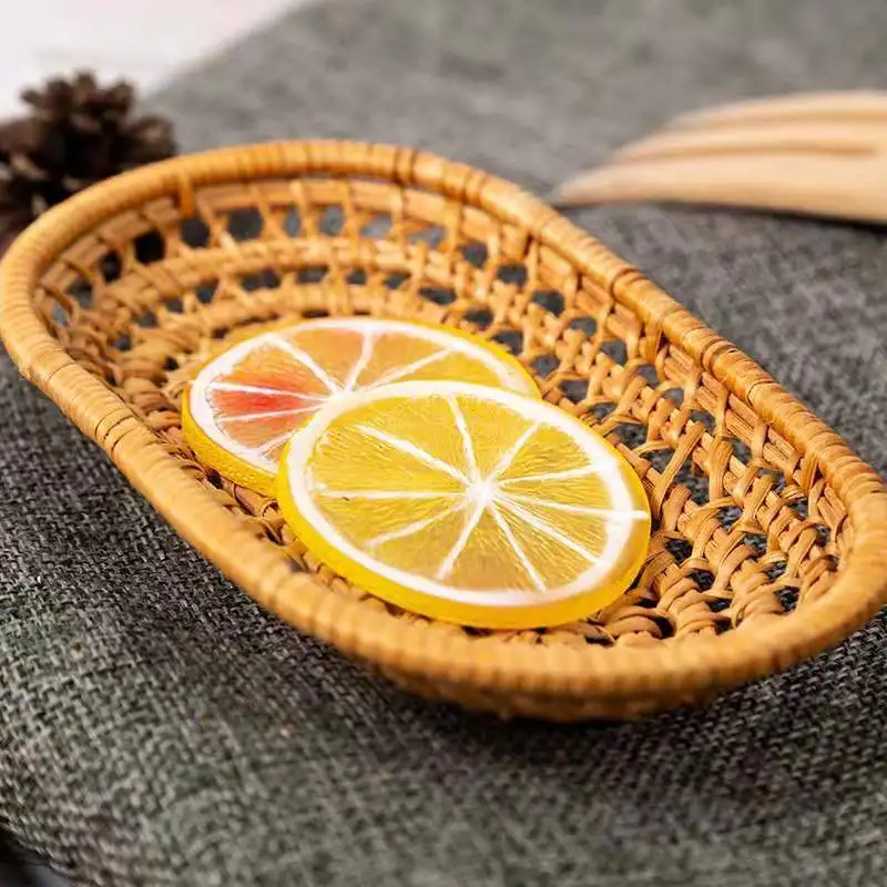 Rattan Woven Tray Convenience Store Handmade Round Basket Food Craft Rattan Tray for Food Fruit Storage Breadbasket Organizer